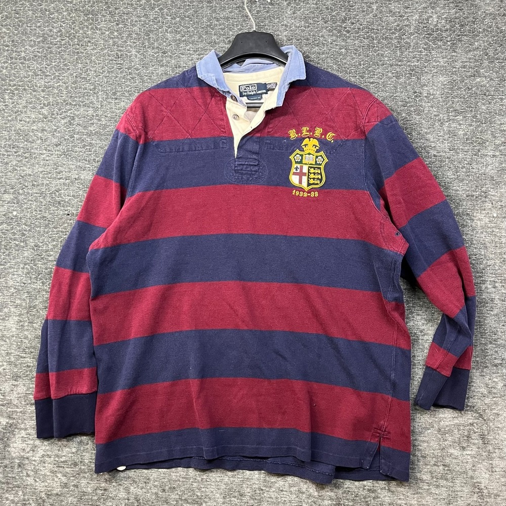 Polo Ralph Lauren Rugby Shirt Men's Burgundy Navy Striped Quilted Shoulder - 2XL